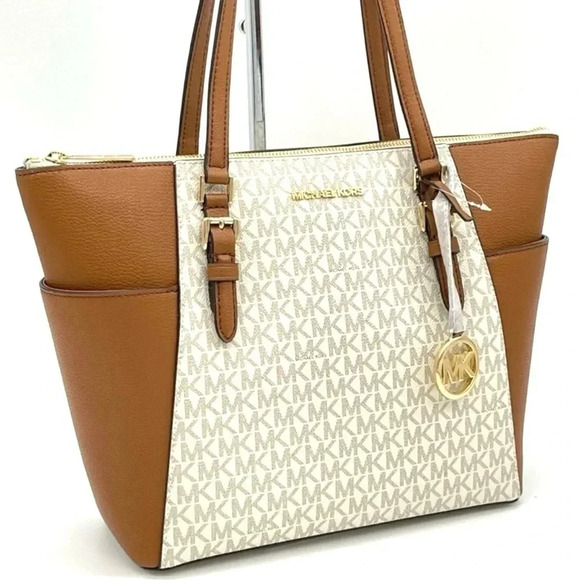 Michael Kors Charlotte Large Top Zip Tote Bag Vanilla/Brown (NWT) - Picture 1 of 9